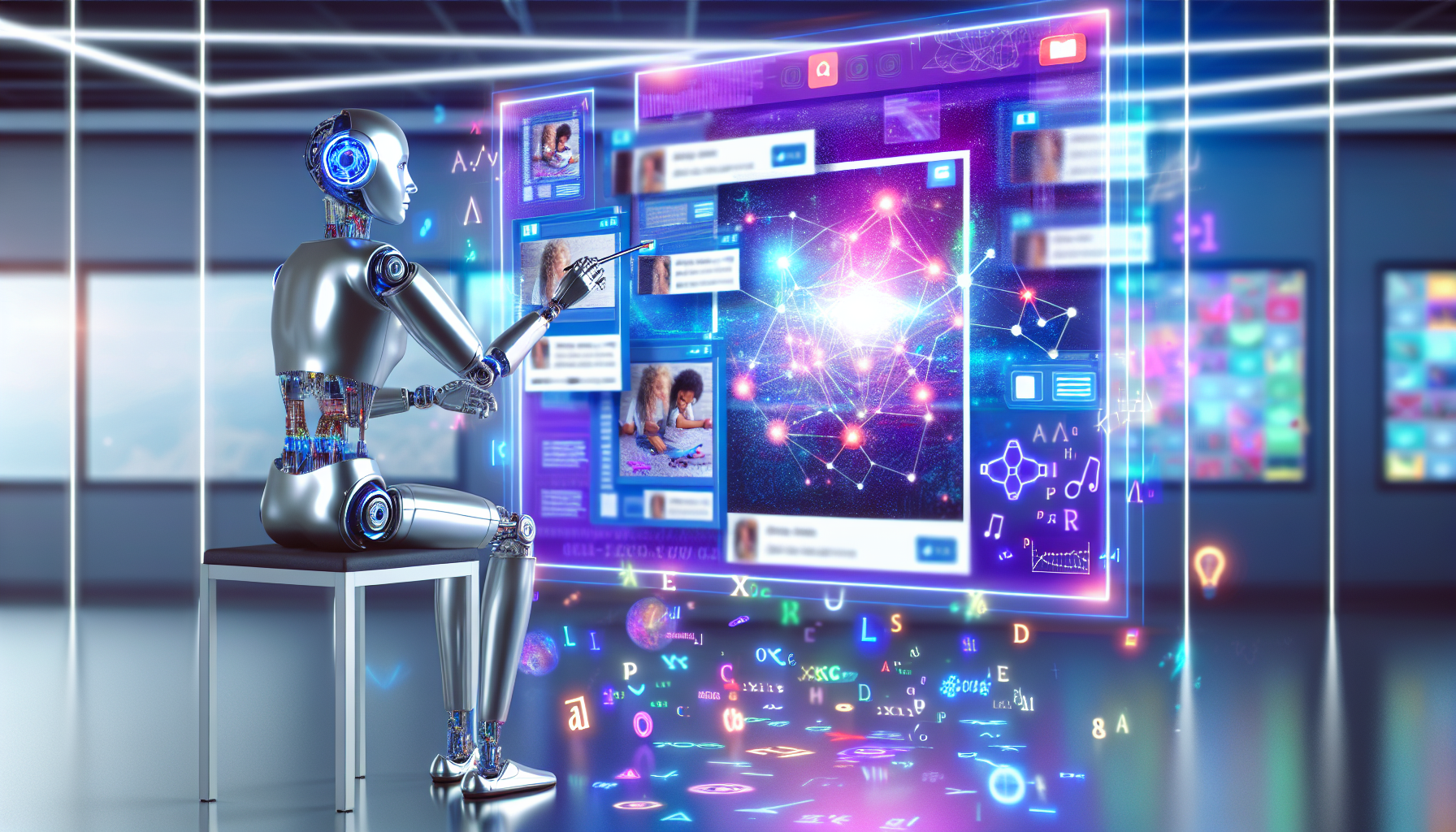 KÃ¼nstliche Intelligenz erstellt Inhalte fÃ¼r soziale Medien: Eine futuristische Szene, in der ein KI-Roboter drinnen vor einem groÃŸen Bildschirm sitzt und sorgfÃ¤ltig einen Beitrag fÃ¼r soziale Medien erstellt. Der Roboter hat eine metallisch silberne Farbe und ein humanoides Aussehen mit leuchtenden LED-Augen. Der Bildschirm zeigt verschiedene Schnittstellen sozialer Medien mit lebendigen Grafiken und StrÃ¶men von BeitrÃ¤gen und Kommentaren. An der Seite schweben abstrakte Symbole und Formeln, die die KI-Algorithmen und die Analyse groÃŸer Datenmengen reprÃ¤sentieren.