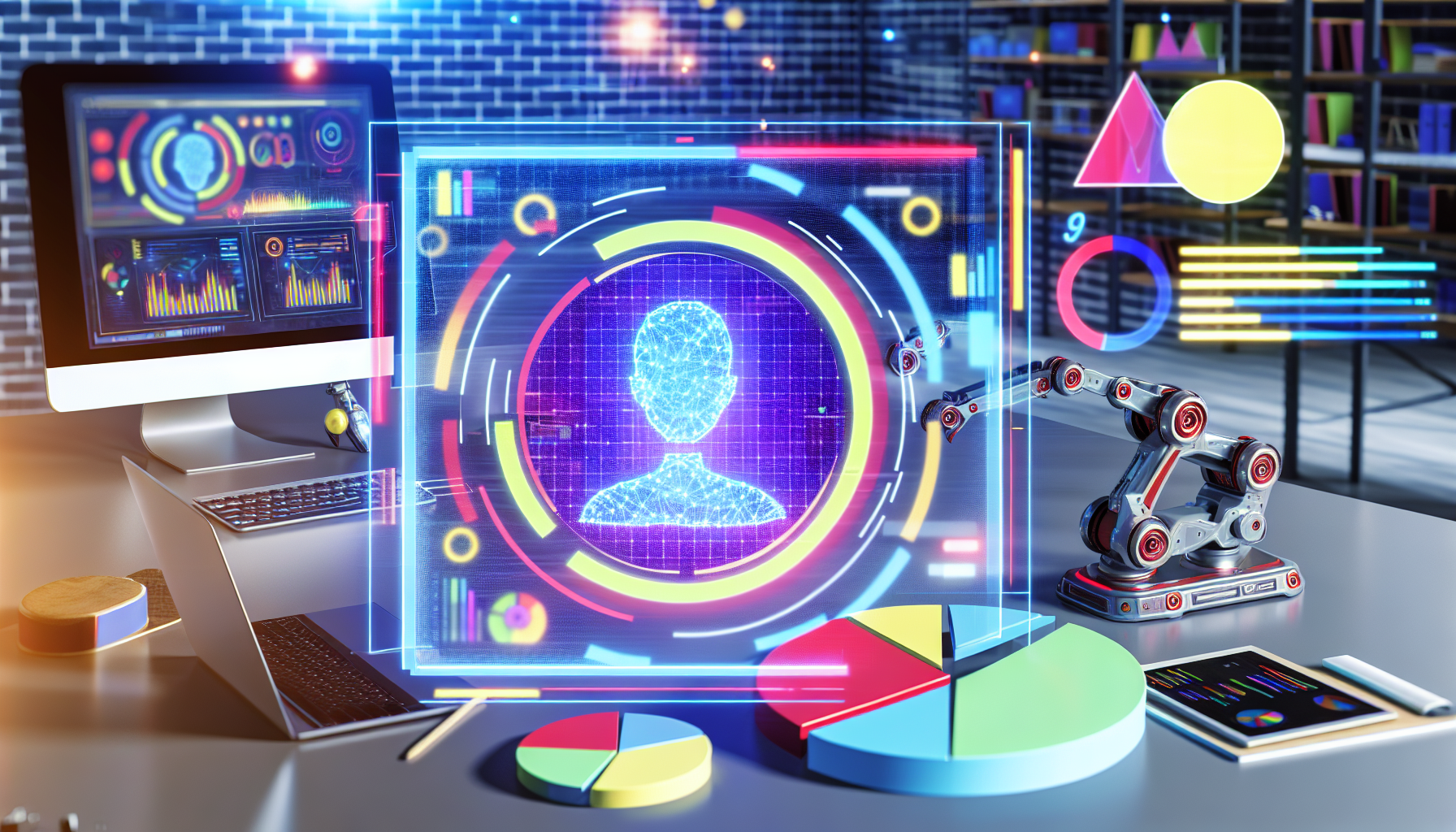 Erstellen Sie ein Bild, das den Prozess der Erstellung von Inhalten fÃ¼r soziale Medien mithilfe von kÃ¼nstlicher Intelligenz zeigt. Das Szenario kÃ¶nnte einen futuristischen Arbeitsplatz mit modernster Technologie wie holografischen Bildschirmen, Robotern und High-Tech-Computern darstellen. In der Mitte des Bildes wird eine KI-Software angezeigt, die ihre Rolle bei der Inhaltserstellung reprÃ¤sentiert. Die KI-OberflÃ¤che zeigt farbenfrohe Grafiken, Tortendiagramme und ProzentsÃ¤tze, die verschiedene Aspekte von Social-Media-Metriken und -Trends veranschaulichen.
