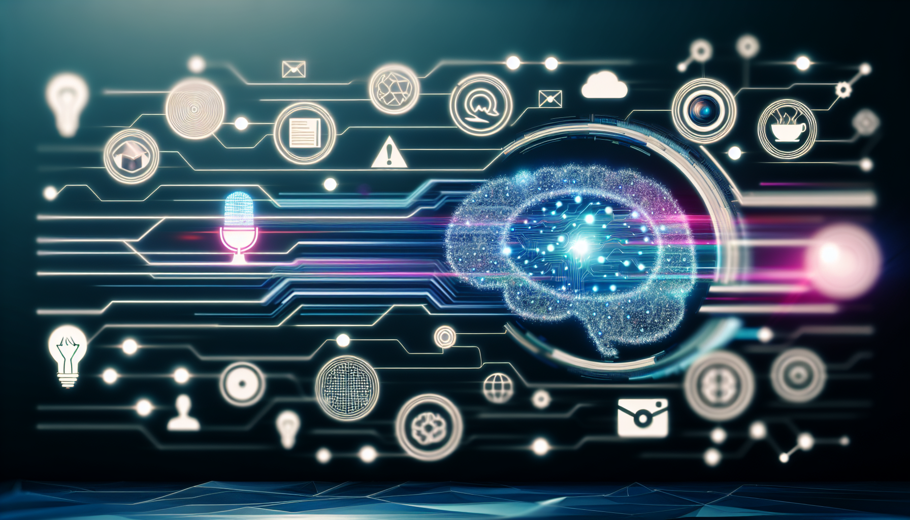 Erstellen Sie ein Bild, das das Konzept der Nutzung von kÃ¼nstlicher Intelligenz zur Erstellung von Inhalten fÃ¼r soziale Medien darstellt. Dies umfasst Elemente wie eine futuristische, schlanke BenutzeroberflÃ¤che, stilisierte Symbole beliebter sozialer Medienplattformen und Darstellungen von KI, wie gehirnÃ¤hnliche Strukturen oder Schaltkreise. FÃ¼gen Sie auch eine Darstellung des kreativen Prozesses hinzu, bei dem Konzepte und Ideen in die digitale Welt Ã¼bertragen werden, mÃ¶glicherweise dargestellt durch schwebende, leuchtende 3D-Formen und Lichtwellen.