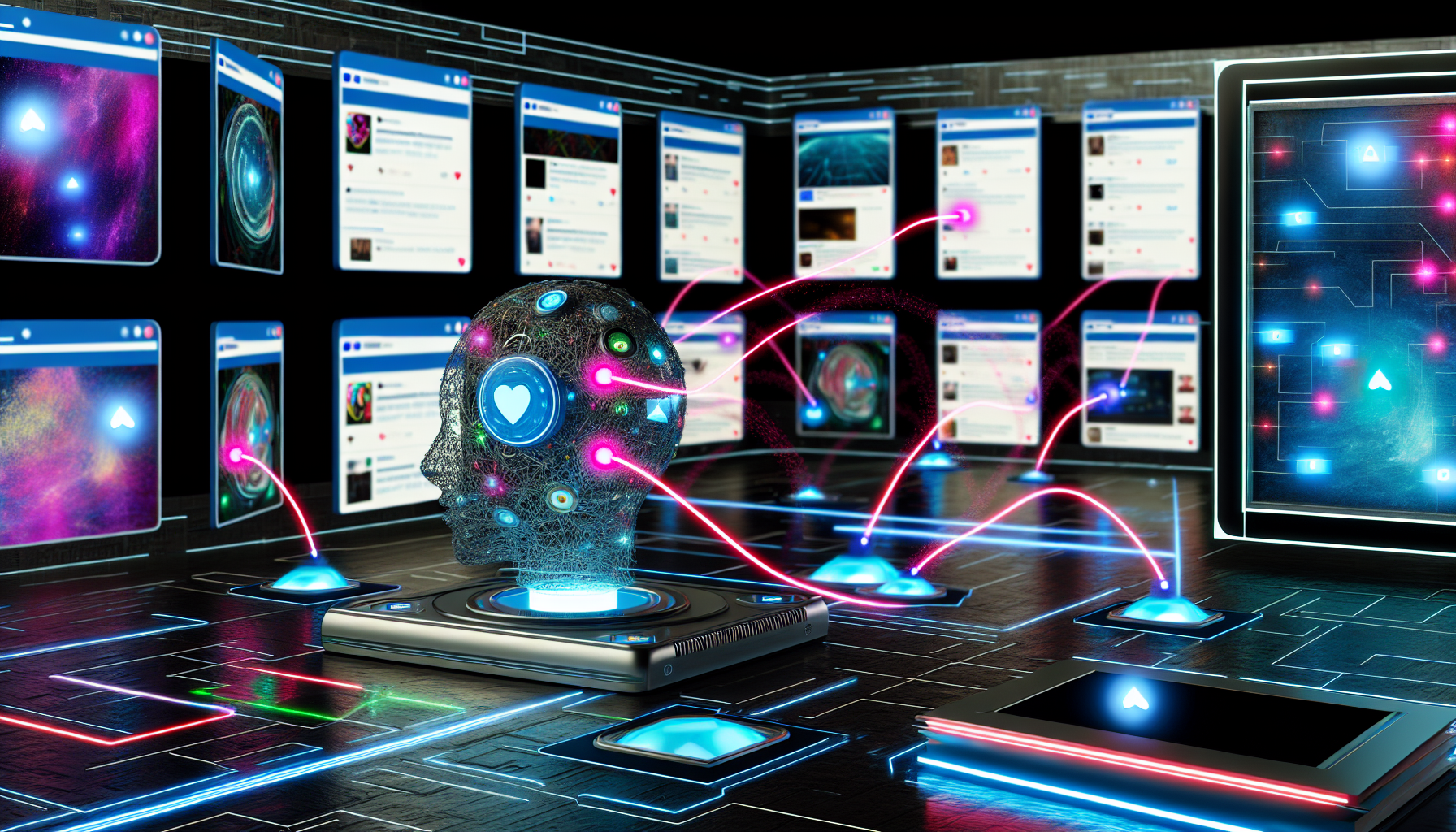 Erstellen Sie ein Bild, das kÃ¼nstliche Intelligenz zeigt, die Inhalte fÃ¼r soziale Medien erstellt. Die Szene zeigt einen futuristischen Raum mit mehreren Bildschirmen, die in der Luft schweben und verschiedene Arten von Inhalten fÃ¼r soziale Medien anzeigen - BeitrÃ¤ge, Tweets, Bilder und Videos. Auf einer Seite befindet sich ein ausgeklÃ¼gelter Computerterminal, an dem das KI-Gehirn platziert ist, mit Neonlinien, die von ihm zu den Bildschirmen verlaufen und die Interaktion und Erstellung der Inhalte durch die KI darstellen.