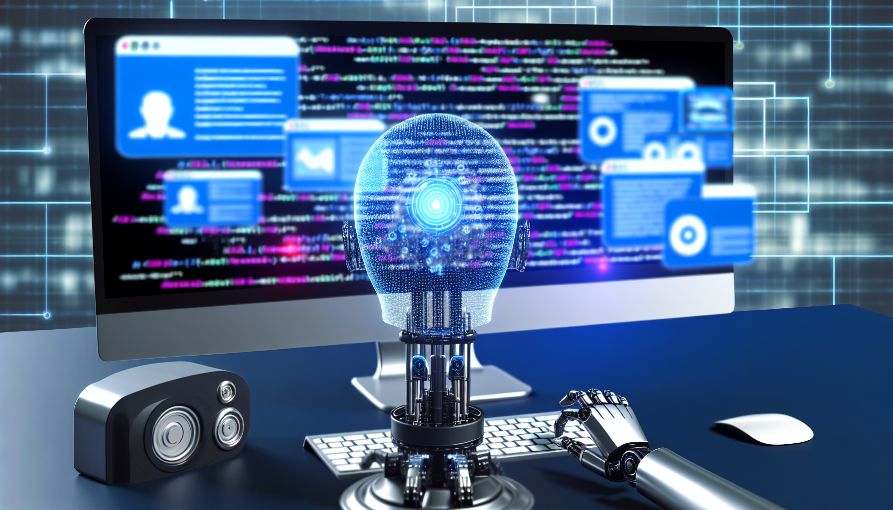 Erstellen Sie eine digitale Darstellung des Konzepts der Erstellung von Inhalten fÃ¼r soziale Medien mithilfe von kÃ¼nstlicher Intelligenz. Das Bild sollte ein futuristisches Setup zeigen, mit einem hochmodernen Computerarbeitsplatz, der mehrere Monitorbildschirme enthÃ¤lt, auf denen verschiedene soziale Medienplattformen angezeigt werden. Auf einigen Bildschirmen sollten komplexe Codezeilen erscheinen, die KI-Algorithmen reprÃ¤sentieren. AuÃŸerdem sollte eine KI-EntitÃ¤t symbolisiert durch einen eleganten, silbernen Roboterarm, der auf einer mechanisierten Tastatur tippt, dargestellt werden.