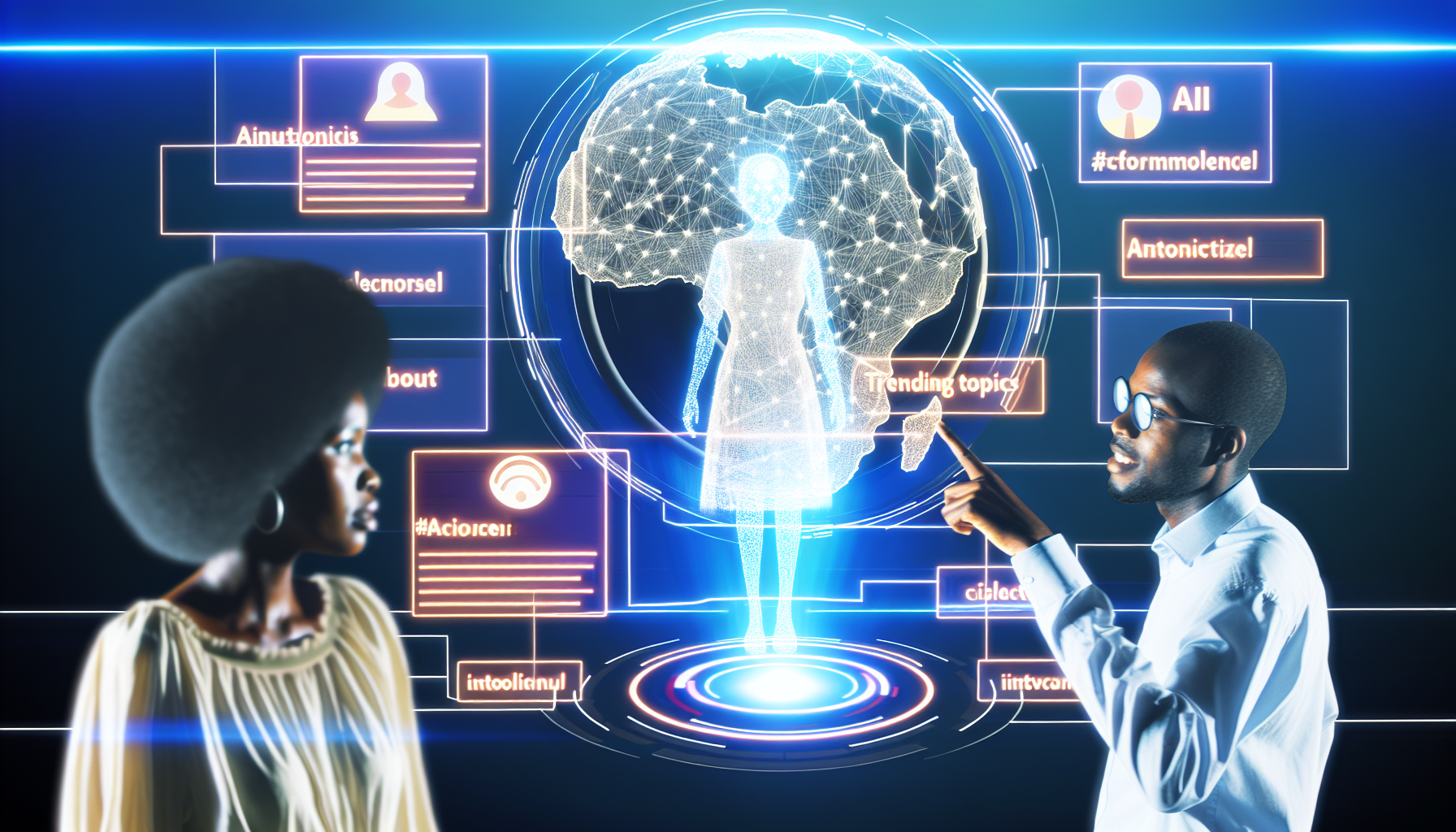 In einer futuristischen Umgebung, die von sanften Neonlichtern erleuchtet wird, steht ein holographisches Interface in der Mitte des Raumes. Es schwebt Ã¼ber einem eleganten Tisch und zeigt eine Vielzahl von trendenden Themen und Hashtags, die in lebendigen Farben pulsieren. Im Hintergrund ist eine komplexe Struktur eines KI-Neuronnetzwerks sichtbar, die in sanften Wellenbewegungen leuchtet und die fortschrittliche Technologie symbolisiert.nEine afrikanische Frau mit einem strahlenden LÃ¤cheln und einem modischen Outfit interagiert mit dem Hologramm. Ihre Hand schwebt Ã¼ber dem Interface, wÃ¤hrend sie verschiedene Content-Optionen auswÃ¤hlt. Neben ihr steht ein asiatischer Mann, der konzentriert auf die holographischen Daten blickt. Er passt die Filter an, um die Inhalte zu personalisieren und die besten Ergebnisse zu erzielen.nDie beiden arbeiten harmonisch zusammen, ihre Bewegungen synchronisiert, als ob sie in einem Tanz mit der Technologie wÃ¤ren. Die holographischen Elemente reagieren auf ihre BerÃ¼hrungen, indem sie sich dynamisch verÃ¤ndern und anpassen. Die AtmosphÃ¤re ist von KreativitÃ¤t und Innovation durchzogen, wÃ¤hrend sie gemeinsam die MÃ¶glichkeiten der kÃ¼nstlichen Intelligenz nutzen, um ansprechende Inhalte fÃ¼r soziale Medien zu erstellen.nDie Szene strahlt eine positive Energie aus, die die perfekte Symbiose zwischen Mensch und Maschine verkÃ¶rpert. Es ist ein Blick in die Zukunft, in der Technologie und menschliche KreativitÃ¤t Hand in Hand gehen, um neue Wege der Kommunikation und des Ausdrucks zu erÃ¶ffnen.
