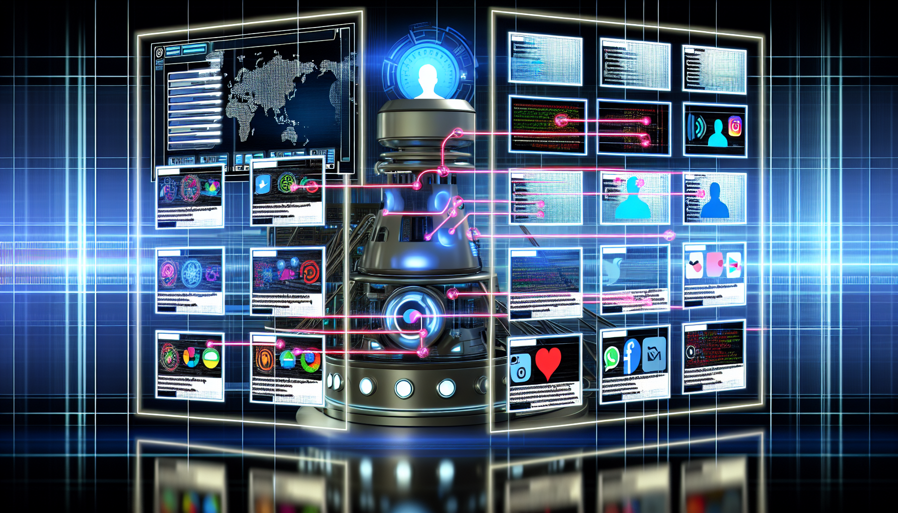 Erstellen Sie ein Bild, das die kÃ¼nstliche Intelligenz in Aktion zeigt, wÃ¤hrend sie Inhalte fÃ¼r soziale Medien entwirft. Zeigen Sie verschiedene Fenster mit Symbolen, die verschiedene soziale Medienplattformen reprÃ¤sentieren. Die KI ist eine futuristische Maschine mit mehreren Bildschirmen, die aktuelle Trends und Nutzerverhaltensanalysen anzeigen. FÃ¼gen Sie DatenstrÃ¶me hinzu, die von der KI-Maschine in die Symbole der sozialen Medien flieÃŸen und den Automatisierungsprozess anzeigen. Setzen Sie die gesamte Szene in eine hochmoderne Kontrollraum-Umgebung mit modernem, minimalistischem Dekor.