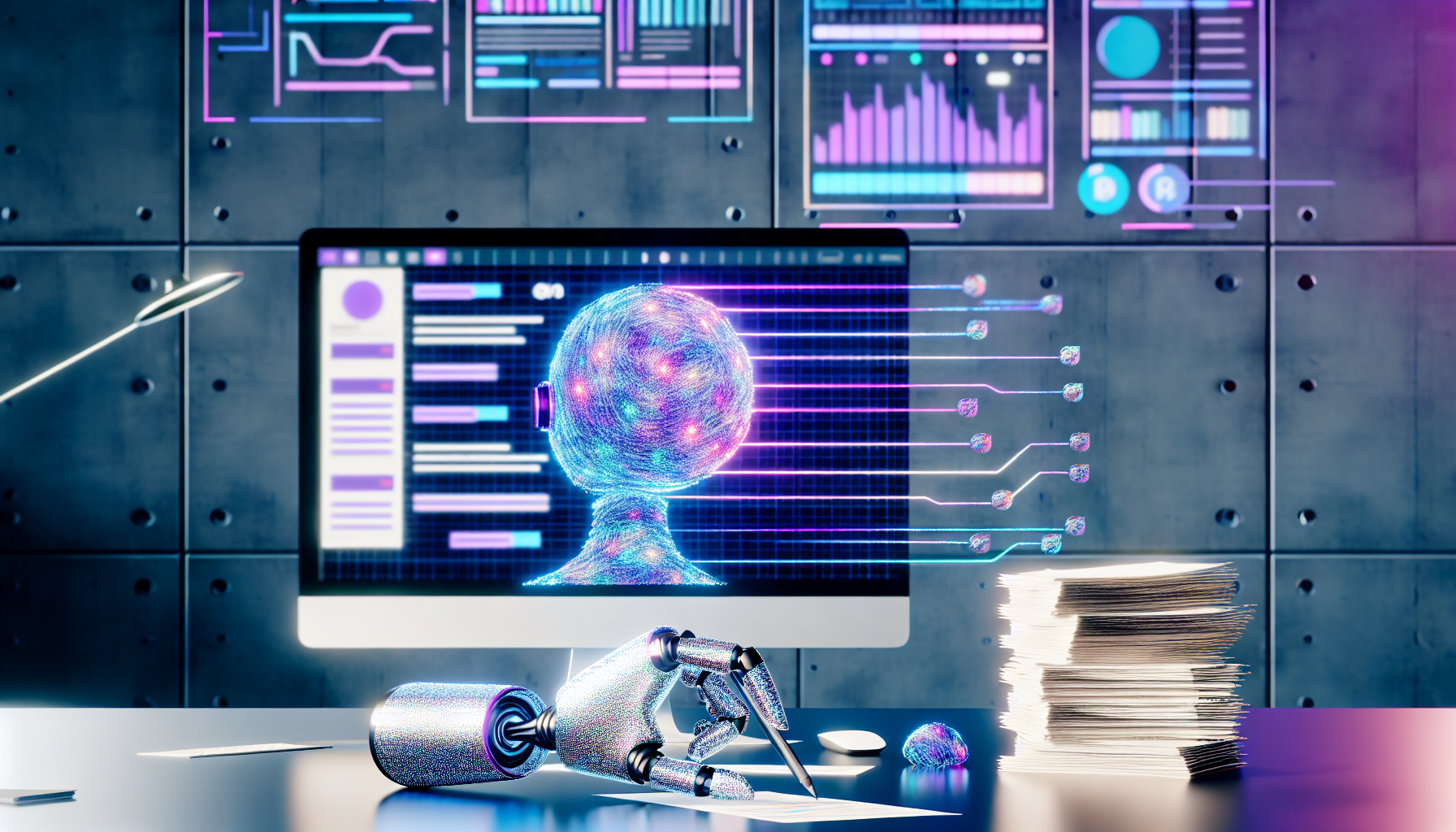 Erzeuge ein Bild des Prozesses, wie KI Inhalte fÃ¼r soziale Medien erstellt. Zeige einen Computerbildschirm in einem modernen, gut beleuchteten Arbeitsplatz, der eine geÃ¶ffnete KI-Softwareanwendung prÃ¤sentiert. Der Bildschirm schimmert in lebhaften Farben, wÃ¤hrend ein neuronales Netzwerk in Blau- und LilatÃ¶nen Artikel, Infografiken und Social-Media-BeitrÃ¤ge generiert. Daneben liegen Stapel frischer, ausgedruckter BeitrÃ¤ge, bereit zur VerÃ¶ffentlichung. Panels mit statistischen Daten und Fortschrittsbalken sind sichtbar und spiegeln den laufenden Prozess wider. AuÃŸerdem soll die KI in Form einer eleganten, silbernen Roboterhand dargestellt werden, die einen Stylus hÃ¤lt und mit einer futuristischen schwebenden BenutzeroberflÃ¤che interagiert. Denke daran, dass keine menschliche PrÃ¤senz in der Szene dargestellt werden soll.