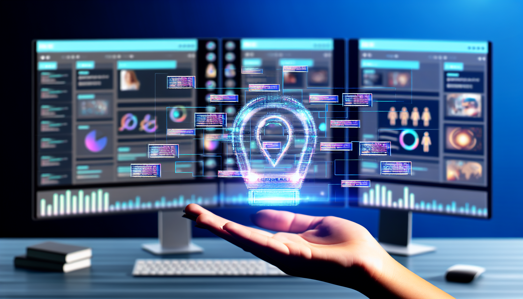 Stellen Sie sich ein futuristisches Konzept vor, bei dem kÃ¼nstliche Intelligenz zur Erstellung von Inhalten fÃ¼r soziale Medien eingesetzt wird. Dies kÃ¶nnte ein KI-Tool umfassen, das auf einem Multi-Monitor-Setup arbeitet und Daten verarbeitet, um bestimmte Arten von Inhalten basierend auf bestimmten Algorithmen zu erstellen und zu planen. Die Inhalte kÃ¶nnten von BlogbeitrÃ¤gen, Artikeln, Bildern bis hin zu kurzen Videos variieren. Das KI-Tool kÃ¶nnte als schlankes, modernes Interface mit einer holografischen Anzeige dargestellt werden, die die Inhalte in Echtzeit zeigt, wÃ¤hrend sie erstellt werden. Es kÃ¶nnten auch statistische Grafiken und Diagramme vorhanden sein, um die Leistung der von der KI generierten Inhalte zu Ã¼berwachen.
