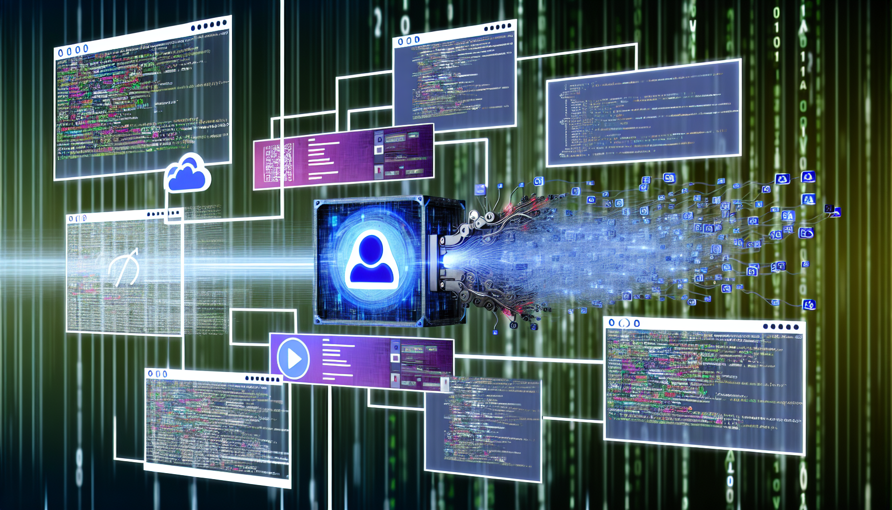 Erstellen Sie ein Bild, das ein KÃ¼nstliche Intelligenz-System zeigt, das Inhalte fÃ¼r soziale Medien produziert. Der Arbeitsplatz der KI besteht aus mehreren schwebenden Bildschirmen, die verschiedene soziale Medienplattformen anzeigen. Codezeilen und DatenstrÃ¶me laufen sichtbar hinter diesem Setup. Eine Spur von 0en und 1en flieÃŸt vom zentralen Hub zu jeder Plattform und zeigt die kontinuierliche Erstellung und Verteilung von Inhalten an.