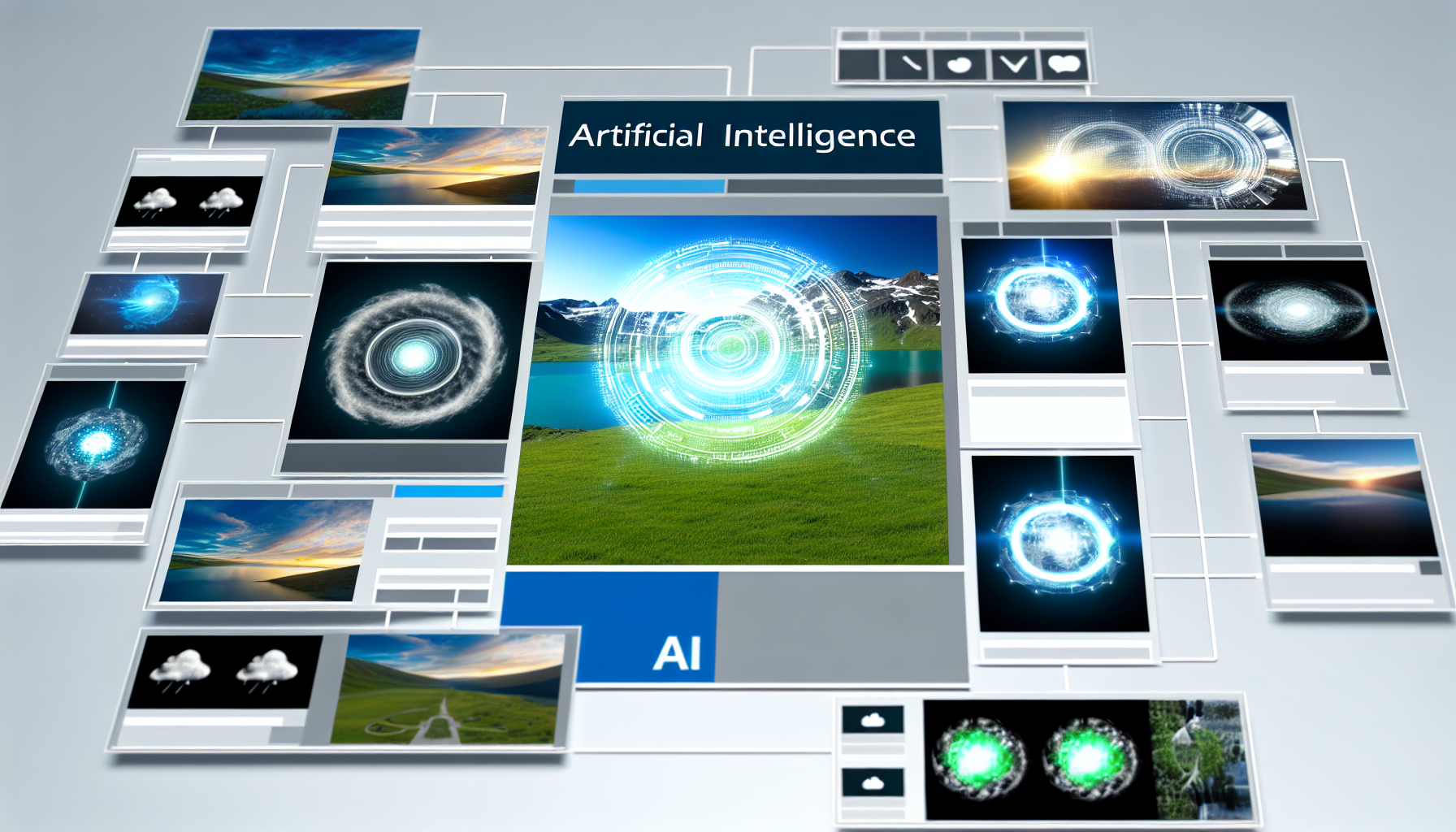 Gestalten Sie eine künstliche Intelligenz-Schnittstelle, die Inhalte für soziale Medien generiert. Die Schnittstelle sollte verschiedene Beiträge für unterschiedliche soziale Medien erstellen können, wie beispielsweise einen malerischen Landschaftsbeitrag für eine Foto-Sharing-Plattform oder ein lustiges Meme für eine informelle Plattform. Die Schnittstelle selbst sollte futuristisch und hochentwickelt aussehen, mit dem KI-Logo deutlich sichtbar.