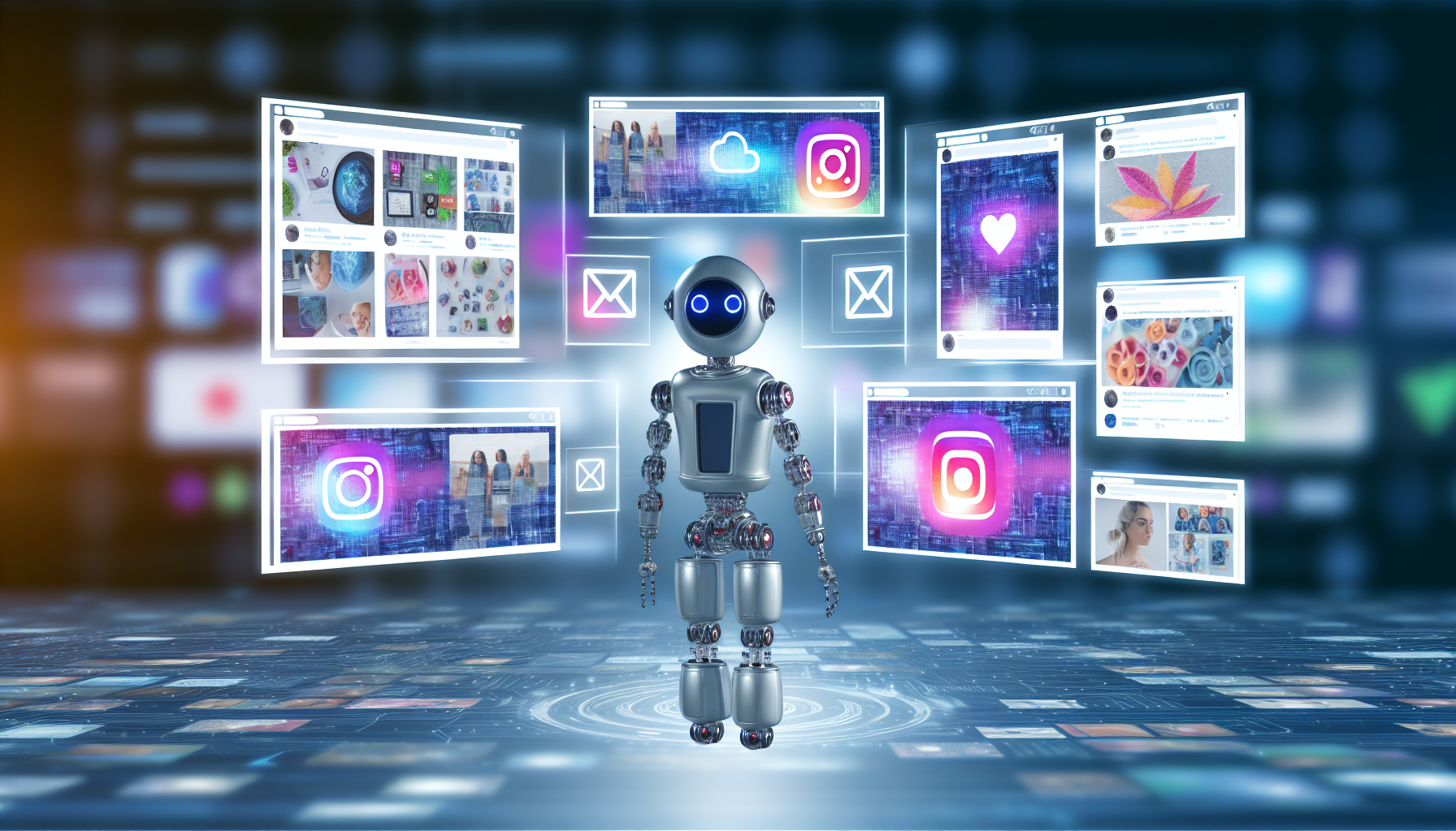 Erstellen Sie ein Bild eines kÃ¼nstlichen Intelligenzsystems, das Inhalte fÃ¼r soziale Medien erstellt. Die KI sollte als futuristisches Computersystem dargestellt werden, das mehrere Bildschirme zeigt, auf denen verschiedene soziale Medienplattformen angezeigt werden. Die erstellten Inhalte sollten vielfÃ¤ltig sein und BlogbeitrÃ¤ge, Bilder und kurze Videos umfassen.
