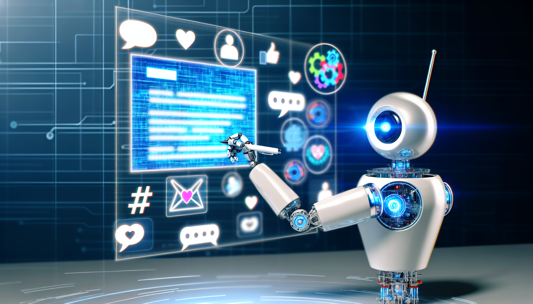 Generiere ein Bild von kÃ¼nstlicher Intelligenz, die Inhalte fÃ¼r soziale Medien erstellt. Die Szene kann einen Roboterarm zeigen, der einen Beitrag auf einem digitalen Display schreibt. Um den Roboter herum sind Hologramme verschiedener Symbole wie Hashtags, Emojis und Nachrichtenblasen sichtbar, die den Prozess der Inhaltserstellung anzeigen. DarÃ¼ber hinaus kann das KI-System selbst als futuristische Maschine mit leuchtenden Schaltkreisen und digitalen Bildschirmen dargestellt werden, die sich in einer hochmodernen Umgebung befindet.