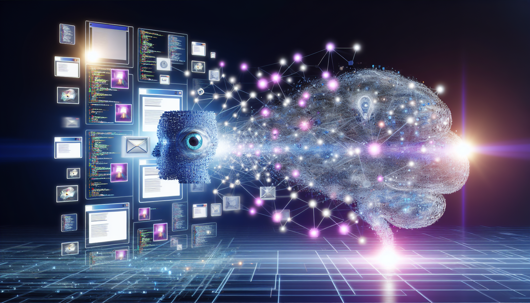 Eine visuelle Darstellung von kÃ¼nstlicher Intelligenz, die Inhalte fÃ¼r soziale Medien erstellt. Ein komplexes und vielschichtiges Bild, das KI durch symbolische Elemente wie neuronale Netzwerke, Datenvisualisierungen und Programmiersprachen reprÃ¤sentiert. Auf der einen Seite wird die KI durch ein riesiges, 3D-modelliertes Gehirn dargestellt, das mit miteinander verbundenen Lichtpunkten bedeckt ist. Schwebende Bildschirme zeigen soziale Medienplattformen wie eine Blog-Plattform, eine Plattform zum Teilen von Fotos und eine Plattform zum Teilen von Videos, die mit kreativ gestalteten Inhalten gefÃ¼llt werden, die alle aus dem KI-Gehirn flieÃŸen. Die AtmosphÃ¤re ist futuristisch und das Farbschema ist hauptsÃ¤chlich blau und silber.
