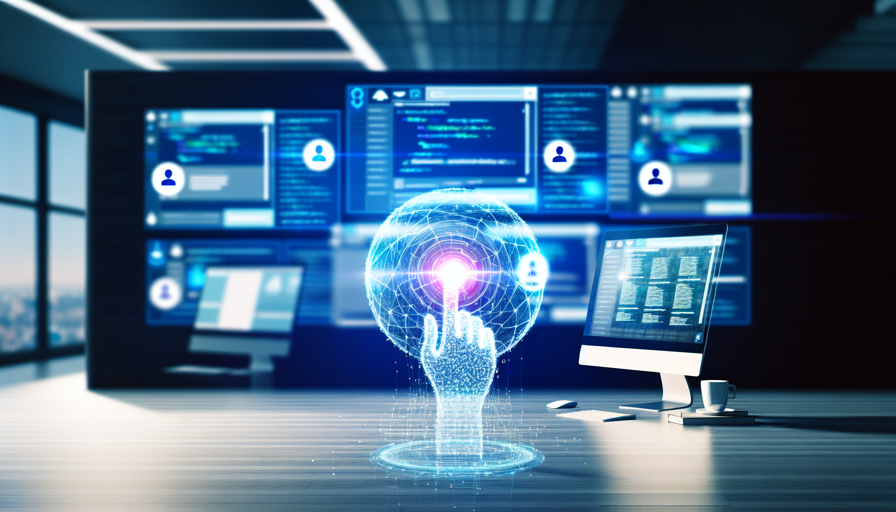 Entwerfen Sie ein Bild eines kÃ¼nstlichen Intelligenzsystems, das Inhalte fÃ¼r soziale Medien erstellt. Stellen Sie sich eine fortschrittliche Computeranordnung mit mehreren Bildschirmen vor, die verschiedene soziale Medienplattformen anzeigen. Das KI-System ist ein sphÃ¤risches Objekt, das einen leuchtenden Schein ausstrahlt und sich im Zentrum der Anordnung befindet, wÃ¤hrend Codezeilen von ihm auf die Bildschirme projiziert werden. Eine fast unsichtbare digitale Hand scheint zu tippen und Daten zu verarbeiten. Der Raum ist modern und minimalistisch, mit einer futuristischen und hochmodernen AtmosphÃ¤re.