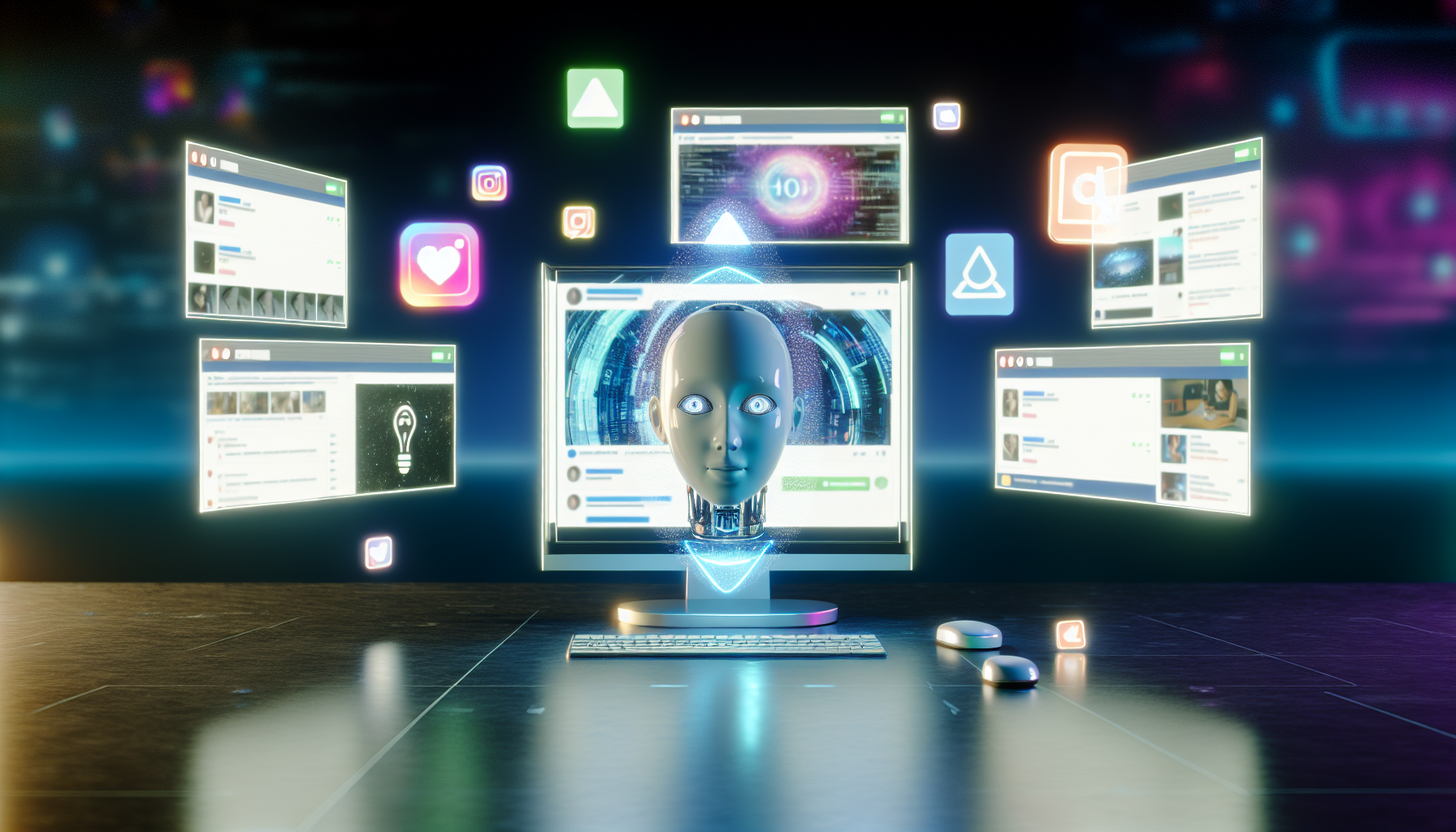 Ein Bild, das kÃ¼nstliche Intelligenz darstellt, die Inhalte fÃ¼r soziale Medien erstellt. Die Szene zeigt eine futuristische Computeranordnung mit holografischen Bildschirmen, die verschiedene soziale Medienplattformen anzeigen, wie eine Foto-Sharing-App, einen Mikroblogging-Dienst und eine Video-Hosting-Seite. Die Bildschirme sind mit hochwertigen Inhalten in Form von Bildern, kurzen Videoclips und TextbeitrÃ¤gen gefÃ¼llt. Ãœber dem Computer schwebt eine holografische KI-EntitÃ¤t mit neutralem Gesicht und leuchtenden Augen, deren HÃ¤nde sich schnell bewegen, wÃ¤hrend sie Inhalte fÃ¼r diese Plattformen erstellt und kuratiert.