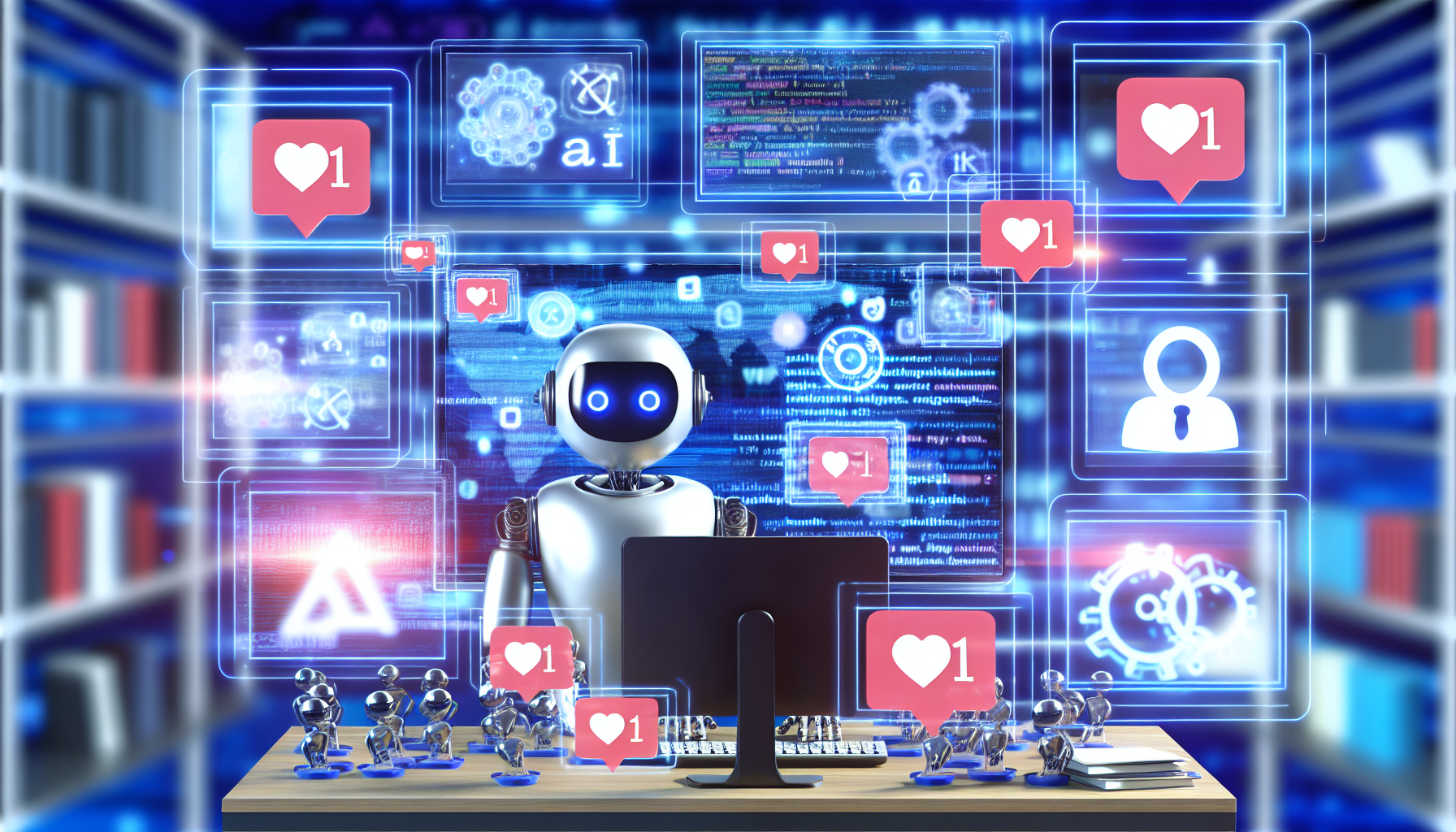 Erstellen Sie ein Bild, das den Prozess der Nutzung von kÃ¼nstlicher Intelligenz zur Erstellung von Inhalten fÃ¼r soziale Medien darstellt. Zeigen Sie einen KI-Bot an einem futuristischen Arbeitsplatz mit mehreren Bildschirmen, die Sprachverarbeitungsalgorithmen anzeigen, wÃ¤hrend er eine Vielzahl von BeitrÃ¤gen fÃ¼r soziale Medien, Bildern und interaktiven Inhalten erstellt. Stellen Sie verschiedene Arten von Symbolen fÃ¼r soziale Medien dar, wie ein Herz fÃ¼r Likes, ein Kommentarfeld und Teilen-Pfeile rund um die Bildschirme.