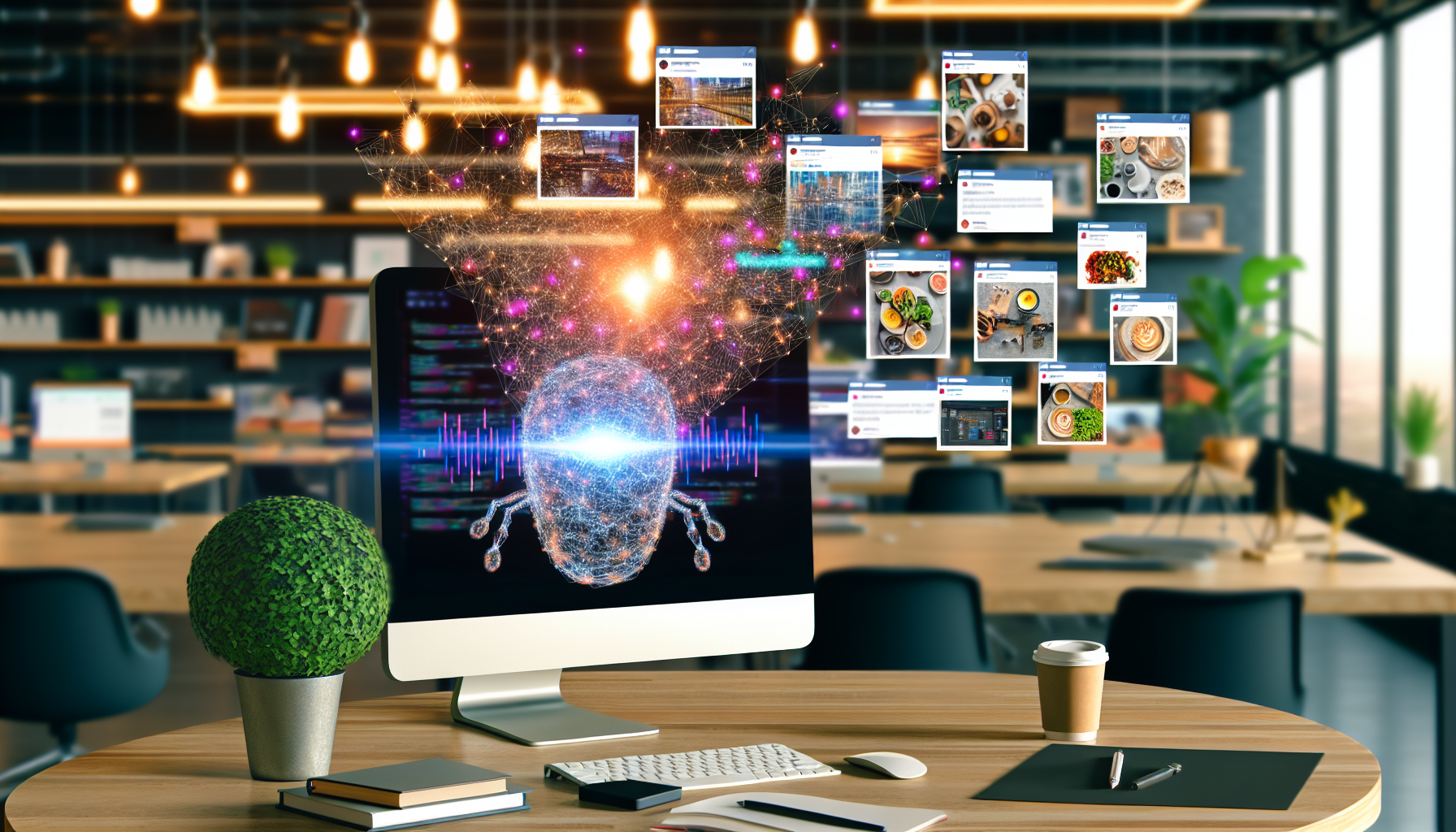 Erstellen Sie ein Bild, das ein kÃ¼nstliches Intelligenzsystem darstellt, das Inhalte fÃ¼r soziale Medien erstellt. Zeigen Sie die KI als komplexe Anordnung von Codes und Algorithmen, die durch abstrakte geometrische Formen dargestellt werden und von einem eleganten, modernen Desktop-Computer ausgehen. Auf dem Computerbildschirm sollten EntwÃ¼rfe verschiedener Arten von Social-Media-BeitrÃ¤gen zu sehen sein, wie Reisebilder, Restaurantbewertungen und motivierende Zitate. Lassen Sie es in einer kreativen Umgebung wie einem Co-Working-Space sein, der mit verschiedenen High-Tech-Gadgets, Zimmerpflanzen fÃ¼r einen Hauch von GrÃ¼n und warmem, ambientem Licht ausgestattet ist, das eine einladende AtmosphÃ¤re schafft.