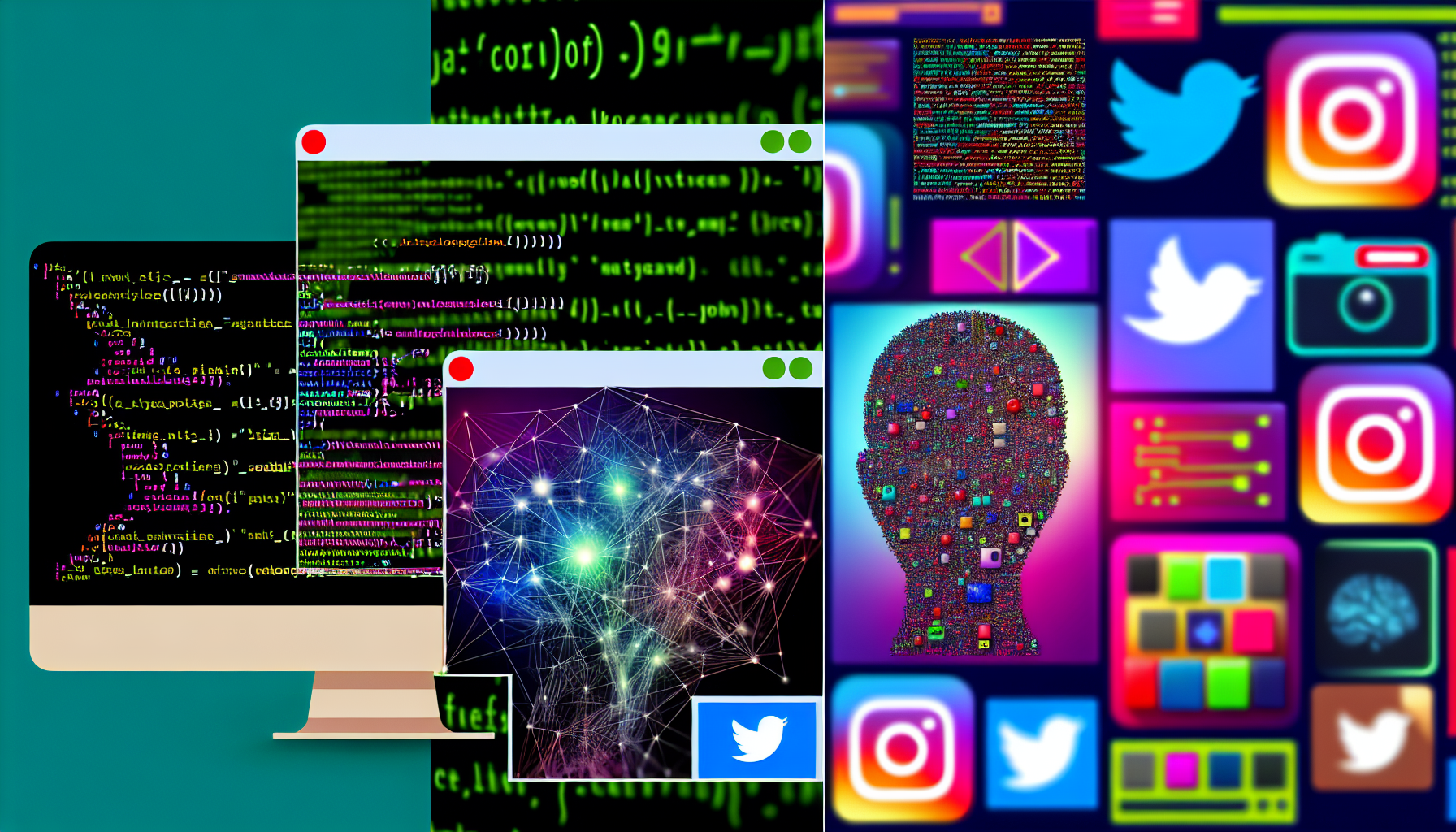 Erstellen Sie ein Bild, das den Prozess der Verwendung von künstlicher Intelligenz zur Generierung von Inhalten für soziale Medien darstellt. Das Bild ist in zwei Abschnitte unterteilt. Auf der linken Seite ist ein Computer zu sehen, auf dem Zeilen von Code zu sehen sind, die auf ein laufendes KI-Programm hinweisen. Grafiken von neuronalen Netzwerken und Modellen des maschinellen Lernens sind ebenfalls sichtbar. Auf der rechten Seite sollte das Ergebnis verschiedene Formen von Inhalten für soziale Medien zeigen - einen lebendigen und ansprechenden Blogbeitrag, einen einprägsamen Tweet und einen ästhetisch ansprechenden Instagram-Beitrag, die alle auf verschiedenen Gerätescreens angezeigt werden.