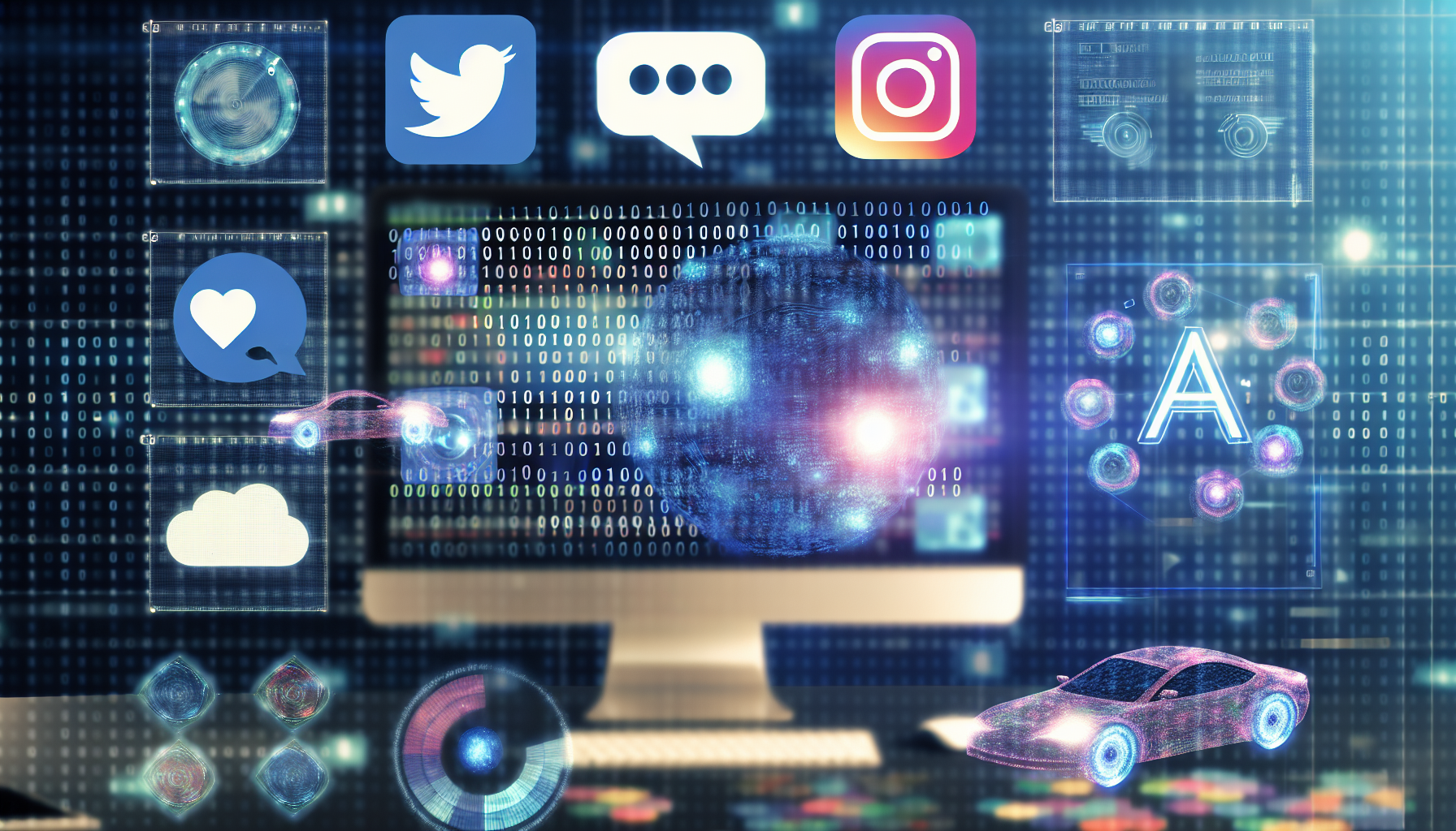 Erstellen Sie ein Bild, das die Erstellung von Inhalten fÃ¼r soziale Medien mithilfe von kÃ¼nstlicher Intelligenz darstellt. Integrieren Sie verschiedene Aspekte wie einen futuristischen, KI-gesteuerten Computer mit holografischen Displays, schwebenden Tastaturen und immateriellen Touchscreens. FÃ¼gen Sie Elemente von BinÃ¤rcode als Sprache der KI hinzu und zeigen Sie Datenanalytik-Diagramme und -Grafiken. Integrieren Sie im Hintergrund Bilder von beliebten Symbolen sozialer Medien.