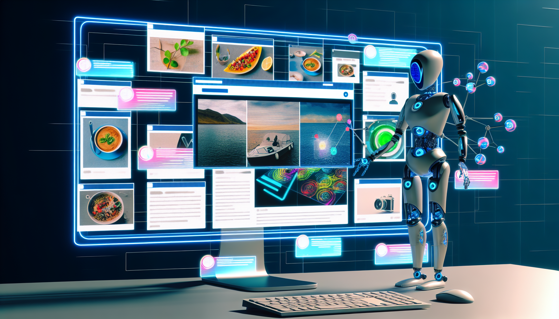 Erstellen Sie ein Bild, das ein Konzept darstellt, in dem kÃ¼nstliche Intelligenz Inhalte fÃ¼r soziale Medien erstellt. Dies kÃ¶nnte ein futuristisches Computersystem mit zahlreichen Bildschirmen umfassen, die verschiedene Arten von Social-Media-BeitrÃ¤gen anzeigen, wie z. B. Food-Fotografie, Reisebilder, Memes und motivierende Zitate. Die KI sollte als nicht-menschliche EntitÃ¤t dargestellt werden, mÃ¶glicherweise als stilisierter Roboter mit einem sehr futuristischen Design. Sie kÃ¶nnte interaktiv mit den angezeigten Inhalten beschÃ¤ftigt sein, VorschlÃ¤ge fÃ¼r Modifikationen und Verbesserungen machen. Die Szene sollte die positiven und kreativen Aspekte der kÃ¼nstlichen Intelligenz betonen.
