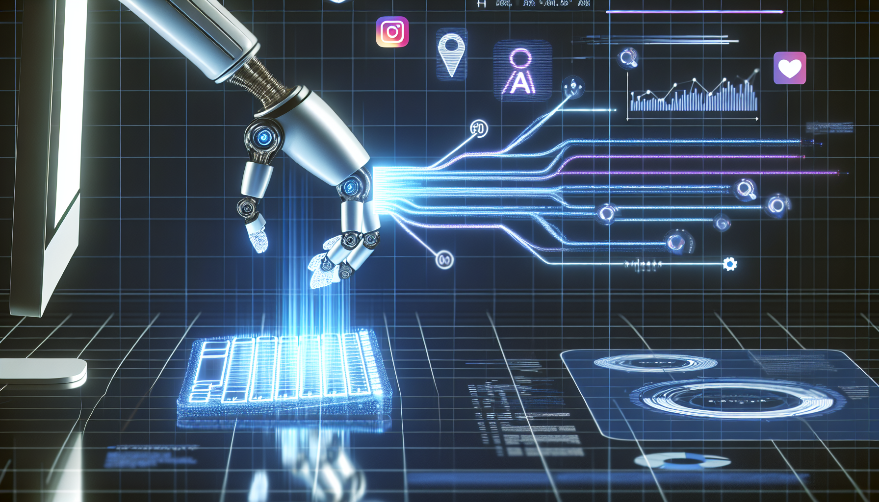 Visuelle Darstellung von kÃ¼nstlicher Intelligenz, die Inhalte fÃ¼r soziale Medien erstellt. Zu sehen ist ein futuristischer Roboterarm mit Drahtverbindungen und Lichtemittenten, der auf einer holografischen Tastatur tippt, wÃ¤hrend stilisierte DatenstrÃ¶me, die von ihm projiziert werden, sich in verschiedene Logos sozialer Medien verwandeln. Auf dem nahegelegenen Bildschirm spiegelt sich eine Fortschrittsanzeige, Grafiken und statistische Daten wider. Es sollten verschiedene Elemente des UI-Designs vorhanden sein, die auf die Optimierung und Analytik der KI hinweisen, wie Liniendiagramme, Tortendiagramme und ProzentsÃ¤tze, alles in einer minimalistisch gehaltenen, kÃ¼hltonigen Farbpalette.