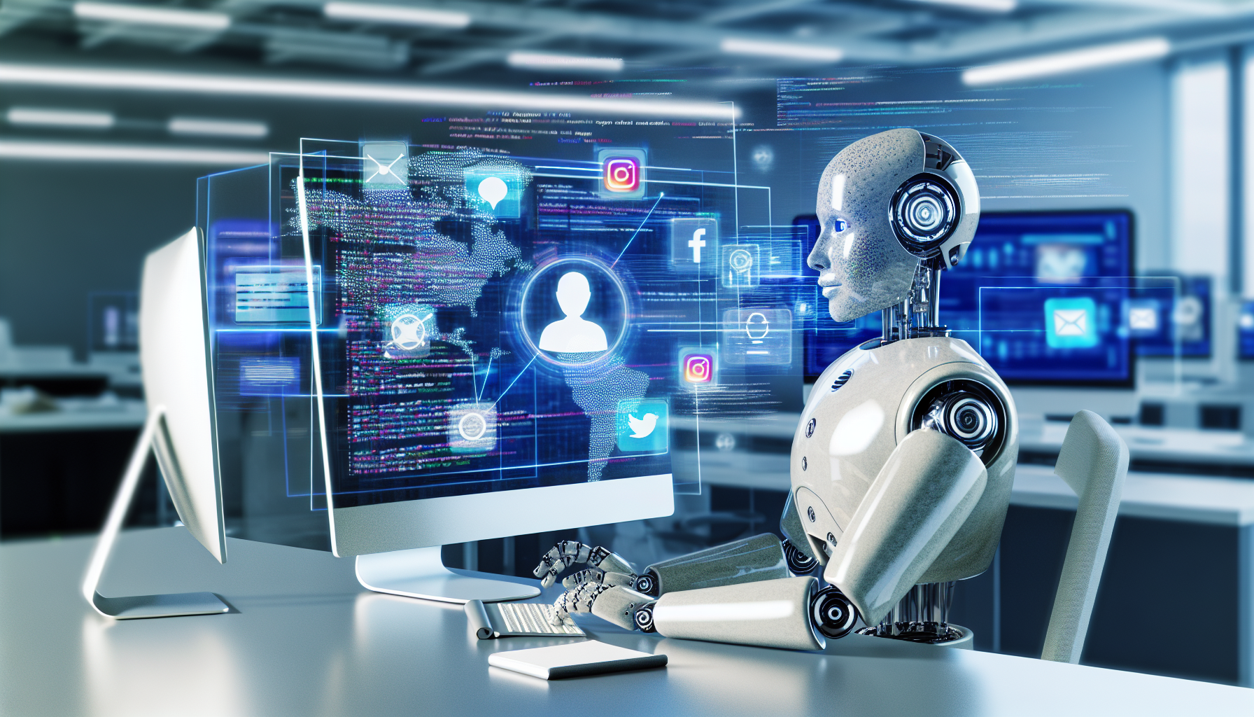 Erstellen Sie ein Bild von kÃ¼nstlicher Intelligenz, die Inhalte fÃ¼r soziale Medien erstellt, vielleicht symbolisiert durch einen futuristischen, humanoiden Roboter, der an einem Computer sitzt, umgeben von verschiedenen Grafiken und sozialen Medien-Icons, die um ihn herum schweben. Der Roboter sollte mit einer eleganten BenutzeroberflÃ¤che interagieren, die voller Code und Analyse-Diagramme ist, wÃ¤hrend sein metallisches Gesicht eine konzentrierte Gelassenheit zeigt. Der Roboter sollte geschlechtsneutral und mit einer mehrdeutigen Ethnie dargestellt werden, um seine kÃ¼nstliche Natur zu betonen. Die Umgebung kann ein gut organisiertes BÃ¼ro sein, in dem groÃŸe Bildschirme die Daten der sozialen Medien in Echtzeit anzeigen.