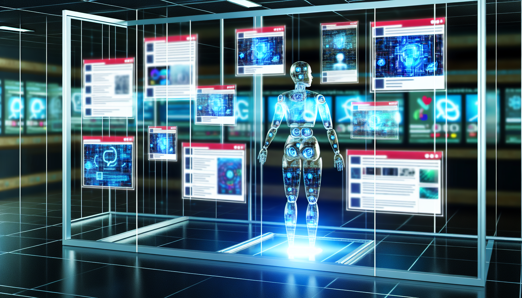 Erstellen Sie ein Bild, das ein futuristisches Konzept von kÃ¼nstlicher Intelligenz zeigt, die Inhalte fÃ¼r soziale Medien erstellt. MÃ¶glicherweise eine hochmoderne Arbeitsstation, die mit mehreren schwebenden holografischen Bildschirmen gefÃ¼llt ist, die verschiedene Social-Media-BeitrÃ¤ge anzeigen. Die KI kÃ¶nnte als schlanke, durchsichtige humanoide Figur personifiziert werden, die vollstÃ¤ndig aus Licht und Codes besteht und dynamisch mit den Bildschirmen interagiert. Zu den spezifischen Arten von Inhalten, die erstellt werden, kÃ¶nnten ein Blogbeitrag, ein Vlog-Clip, eine trendige Infografik und ein eingÃ¤ngiger Meme gehÃ¶ren, unter anderem. Die Umgebung sollte einen fragwÃ¼rdig futuristischen und fortschrittlichen Reiz haben.