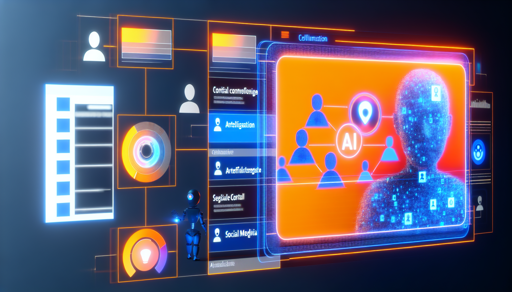 Ein Konzeptkunstwerk, das die Nutzung von kÃ¼nstlicher Intelligenz bei der Erstellung von Inhalten fÃ¼r soziale Medien demonstriert. Dies kann die KI-Technologie umfassen, die groÃŸe, blau gefÃ¤rbte DatensÃ¤tze analysiert, holografische visuelle Darstellungen verwendet, digitale Inhalte filtert, sortiert und kuratiert, um einen lebendigen und dynamischen, orangefarbenen Feed einer sozialen Medienplattform zu gestalten. Einige Benutzer interagieren mit der BenutzeroberflÃ¤che und nutzen futuristische GerÃ¤te.