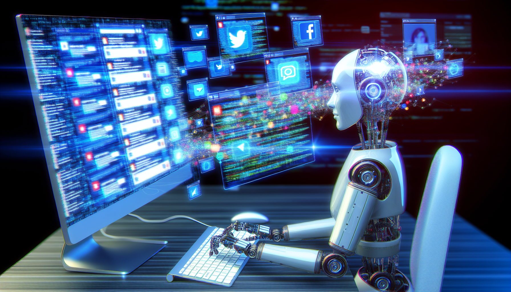 Ein kÃ¼nstliches Intelligenzprogramm, das Inhalte fÃ¼r soziale Medien erstellt. Es wird als hochmoderner Roboter dargestellt, der vor einem Computer sitzt und mit seinen mechanischen HÃ¤nden auf der Tastatur tippt, wÃ¤hrend sein mehrschichtiger, beleuchteter Bildschirm seine Aufmerksamkeit zwischen mehreren sozialen Medien-Websites aufteilt. Digitale Informationen flieÃŸen in einem organisierten Chaos umher, was die fortschrittlichen DatenverarbeitungsfÃ¤higkeiten der KI symbolisiert.