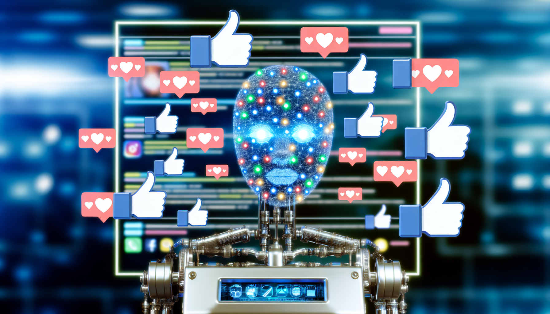Erstellen Sie ein Bild von kÃ¼nstlicher Intelligenz, die Inhalte fÃ¼r soziale Medien erstellt. Das Bild sollte eine abstrakte Maschine darstellen, die digitale Bildschirme zeigt, auf denen verschiedene Symbole wie Daumen-hoch-Icons, Kommentare und Teilen-Buttons angezeigt werden. Die Maschine sollte den Eindruck erwecken, dass sie autonom Inhalte kuratiert, bearbeitet und verÃ¶ffentlicht, um das Konzept des KI-gesteuerten Social-Media-Managements zu veranschaulichen.