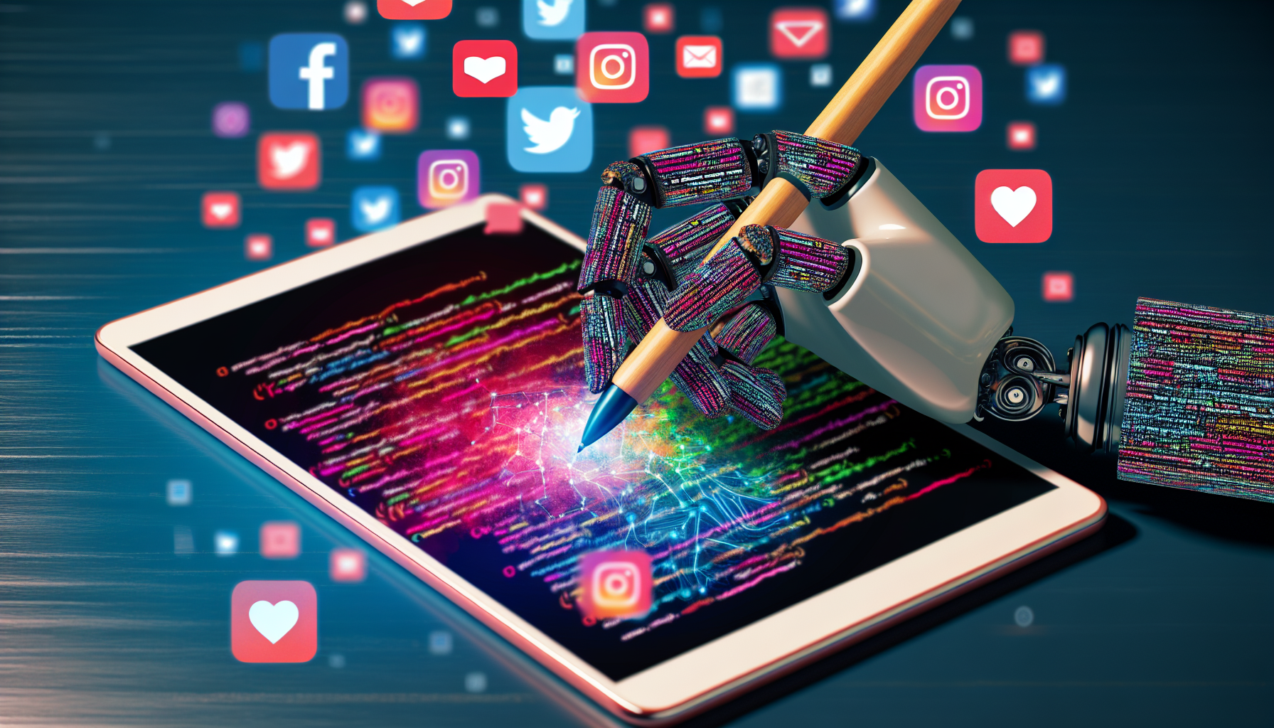 Erstellen Sie eine visuelle Darstellung von kÃ¼nstlicher Intelligenz (KI), die Inhalte fÃ¼r soziale Medien erstellt. Diese sollte eine digitale Roboterhand zeigen, die mit Codezeilen bedeckt ist, einen Stylus hÃ¤lt und vielfÃ¤ltige Inhalte auf einem digitalen Tablet erstellt. Der Bildschirm sollte lebhaft farbige Bilder, Video-Thumbnails und TextbeitrÃ¤ge widerspiegeln. FÃ¼gen Sie auÃŸerdem einige soziale Medien-Icons hinzu, die um das Tablet schweben.