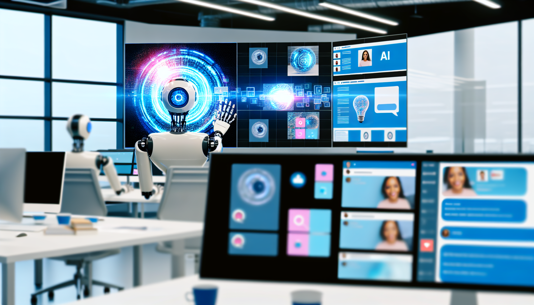 Erstellen Sie ein Bild, das den Prozess der Erstellung von Inhalten fÃ¼r soziale Medien mithilfe von kÃ¼nstlicher Intelligenz darstellt. Ein futuristischer, KI-unterstÃ¼tzter Arbeitsplatz kÃ¶nnte der Fokus des Bildes sein, mit mehreren Bildschirmen, die verschiedene Arten von Inhalten fÃ¼r soziale Medien anzeigen. Der Arbeitsplatz sollte sich in einem modernen BÃ¼roumfeld befinden. Auf einem der Bildschirme sollte die KI dynamisch ein ansprechendes Grafikdesign fÃ¼r einen Beitrag erstellen. Ein anderer Bildschirm kÃ¶nnte einen KI-Chatbot zeigen, der mit Followern in sozialen Medien interagiert. Es sollten keine Personen in der Szene sichtbar sein, aber das GefÃ¼hl von menschlicher Note sollte in der Anordnung des Arbeitsplatzes deutlich werden.