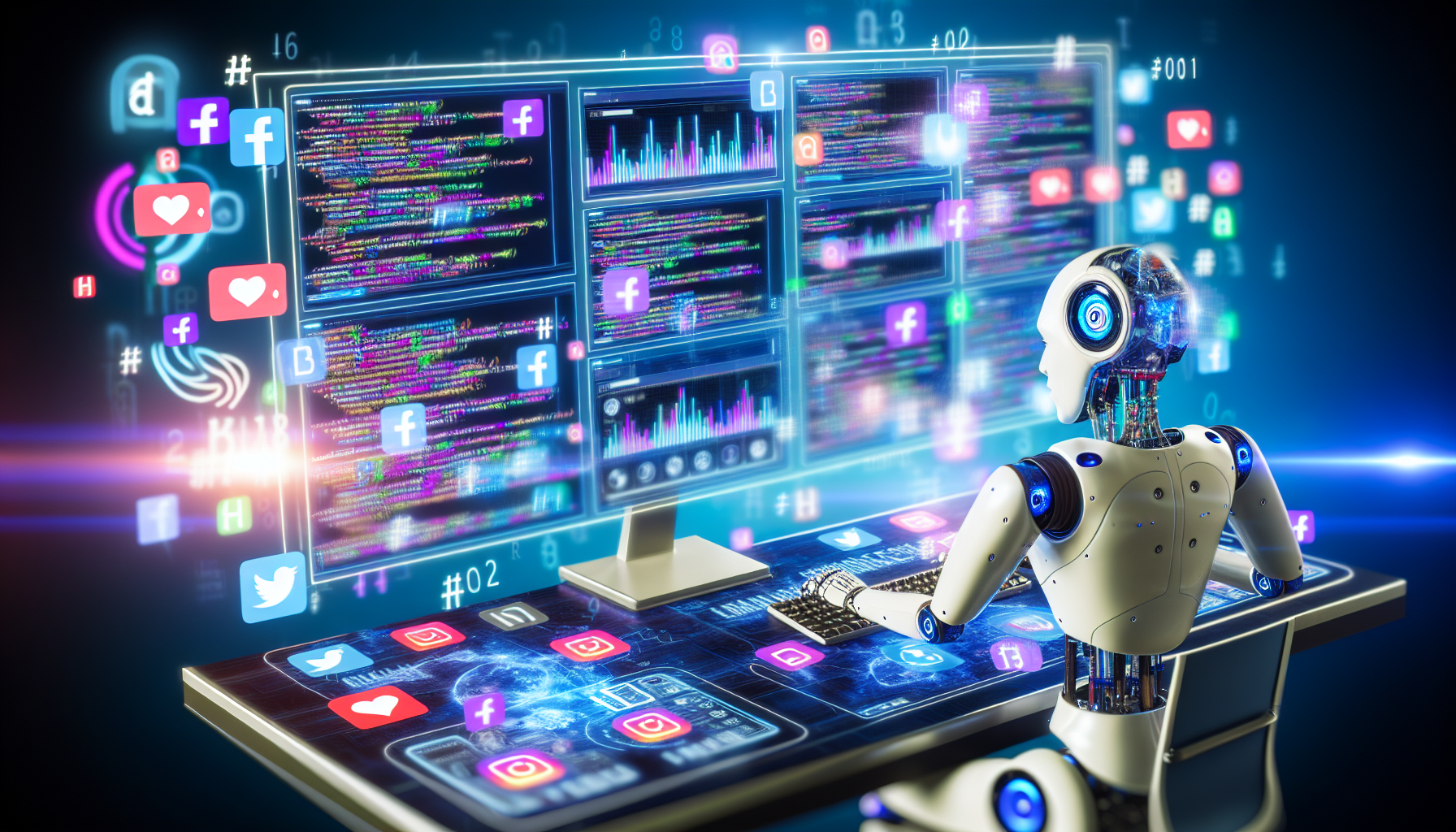 Eine kÃ¼nstliche Intelligenz, die Inhalte fÃ¼r soziale Medien generiert. Die KI sitzt an einem futuristischen Arbeitsplatz, umgeben von hellen, leuchtenden Bildschirmen, die eine Vielzahl von sozialen Medienplattformen anzeigen. Hashtags, Emojis und Trending Topics wirbeln umher, wÃ¤hrend die KI Codes und Algorithmen eingibt und die digitalen Inhalte sorgfÃ¤ltig gestaltet. AuÃŸerdem sollte sie zeigen, wie die KI das Analyse-Dashboard durchscannt, mit Grafiken, die die Benutzerinteraktion und -reaktionen darstellen.