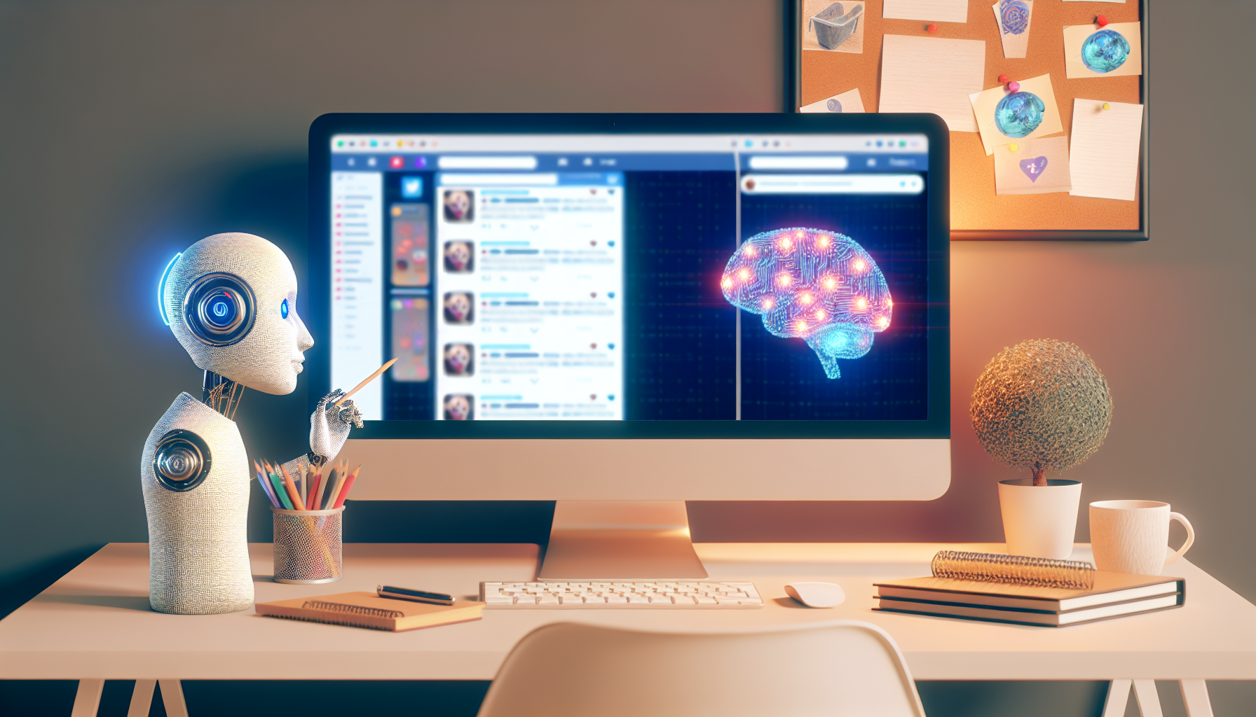 Erstellen Sie ein Bild von Social-Media-Inhalten, die durch kÃ¼nstliche Intelligenz generiert werden. Die Szene sollte einen Computerbildschirm zeigen, auf dem verschiedene Social-Media-Plattformen geÃ¶ffnet sind, die BeitrÃ¤ge zu unterschiedlichen Themen anzeigen. Der Computer sollte sich in einer modernen Arbeitsumgebung befinden, mit einem geschmackvoll eingerichteten Schreibtischbereich, der Schreibwaren, dekorative GegenstÃ¤nde und vielleicht eine Pflanze umfasst. In der NÃ¤he sollte eine symbolische Darstellung von kÃ¼nstlicher Intelligenz enthalten sein, wie ein leuchtendes Gehirn mit Schaltkreis-Mustern oder eine Roboterfigur, die als Schreibtischlampe fungiert. Die Szene sollte von sanftem, warmem Licht beleuchtet werden, was zu einer friedlichen AtmosphÃ¤re beitrÃ¤gt, die auf effizientes Arbeiten hinweist.
