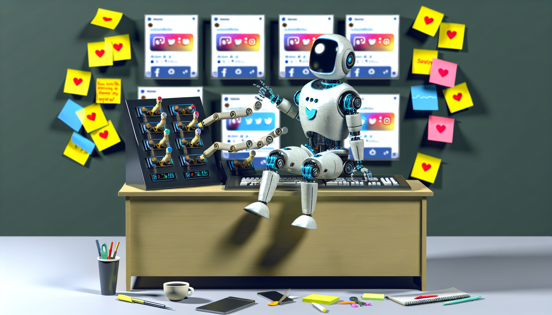 Erstellen Sie ein Bild, das das Konzept der kÃ¼nstlichen Intelligenz zeigt, die Inhalte fÃ¼r soziale Medien erstellt. Dies kÃ¶nnte einen futuristischen Roboter zeigen, der an einem Schreibtisch sitzt, mit mehreren Bildschirmen, die verschiedene soziale Medienplattformen anzeigen, Ã¤hnlich einem neu interpretierten alten Telefonist. Der Roboter kÃ¶nnte beschÃ¤ftigt wirken, wÃ¤hrend er BeitrÃ¤ge verÃ¶ffentlicht, teilt, liked und kommentiert. Er kÃ¶nnte mehrere mechanische Arme haben, die jeweils einen anderen Bildschirm bedienen. Um ihn herum kÃ¶nnten weitere alltÃ¤gliche Indikatoren fÃ¼r das Leben eines Social-Media-Managers verstreut sein, wie eine Tasse Kaffee, ein Schreibset und Haftnotizen mit Erinnerungen, Hashtags, die verwendet werden sollen, oder inspirierenden Zitaten.