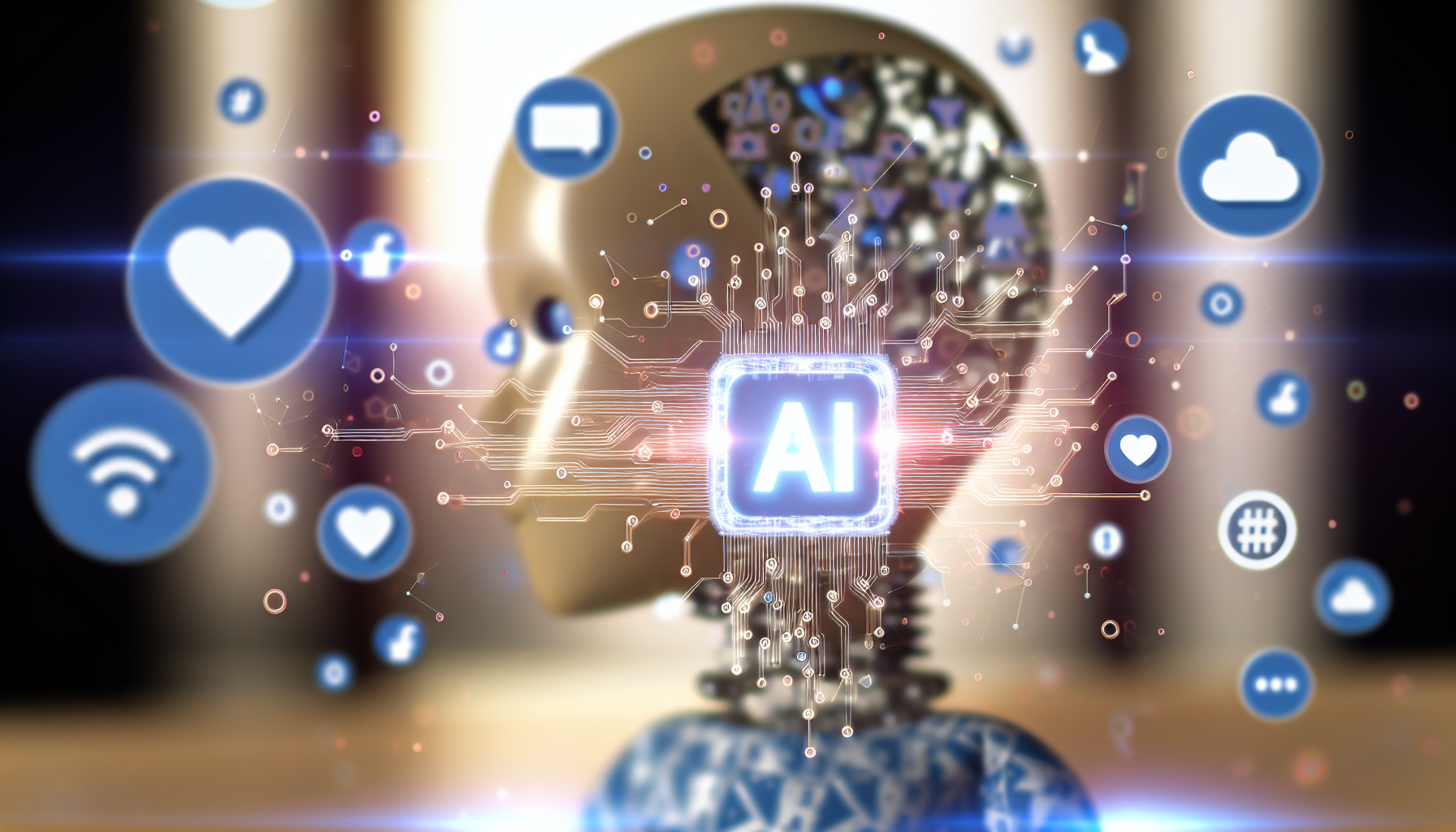 Erstellen Sie ein Bild, das das Konzept der Nutzung von kÃ¼nstlicher Intelligenz zur Generierung von Inhalten fÃ¼r soziale Medien darstellt. Die Szene sollte eine abstrakte Darstellung von KI enthalten, vielleicht als futuristisches GerÃ¤t oder ein Muster von Schaltkreisen, das mit verschiedenen Symbolen sozialer Medien wie BeitrÃ¤gen, Hashtags und Emojis interagiert. Konzentrieren Sie sich darauf, die Interaktion der KI mit den Elementen der sozialen Medien darzustellen â€“ vielleicht durch Codezeilen, die sich in BeitrÃ¤ge oder Likes verwandeln.