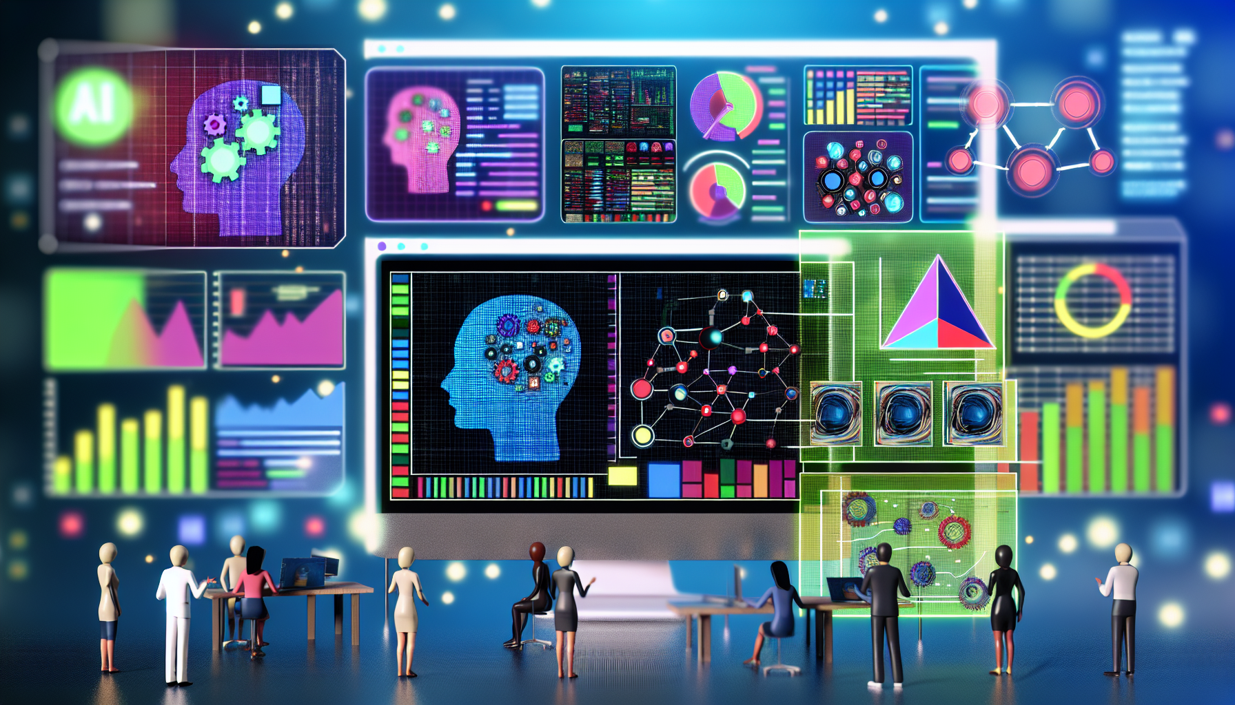 Erstellen Sie ein Bild, das den Prozess der Generierung von Inhalten fÃ¼r soziale Medien mithilfe von KÃ¼nstlicher Intelligenz zeigt. Stellen Sie ein Szenario dar, in dem eine ComputeroberflÃ¤che bunte Grafiken und Statistiken anzeigt, wÃ¤hrend mehrere KI-Algorithmen im Einsatz sind. Es kÃ¶nnten Darstellungen von neuronalen Netzwerken und maschinellen Lernmodellen zu sehen sein, die harmonisch zusammenarbeiten, um ein ansprechendes StÃ¼ck Inhalt fÃ¼r soziale Medien zu erstellen. FÃ¼gen Sie auch menschliche Elemente hinzu, wie eine vielfÃ¤ltige Gruppe von Menschen, die mit dem System interagieren, Anpassungen vornehmen und die Ergebnisse analysieren.
